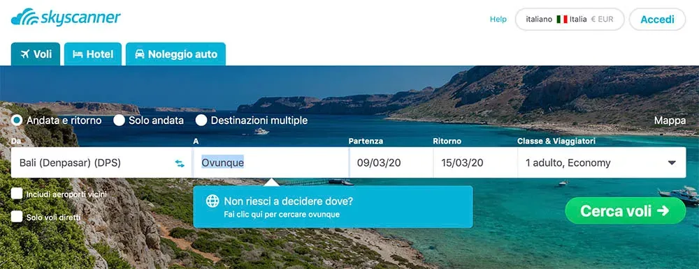 La ricerca su Skyscanner da Bali verso Ovunque