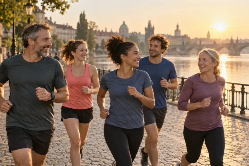 Un gruppo di runner corre insieme lungo un fiume all'alba