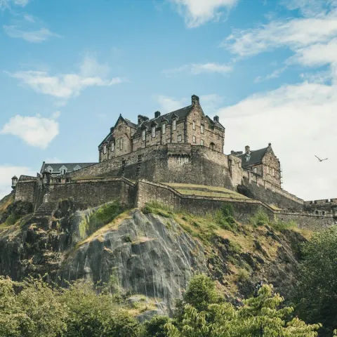 Il castello di Edimburgo sulla sua rupe, con gli alberi in primo piano