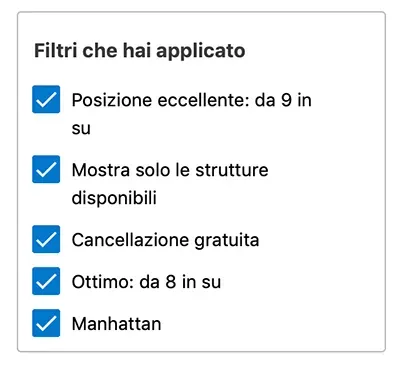 I filtri applicati su Booking: posizione eccellente, solo strutture disponibili, cancellazione gratuita, voto ottimo