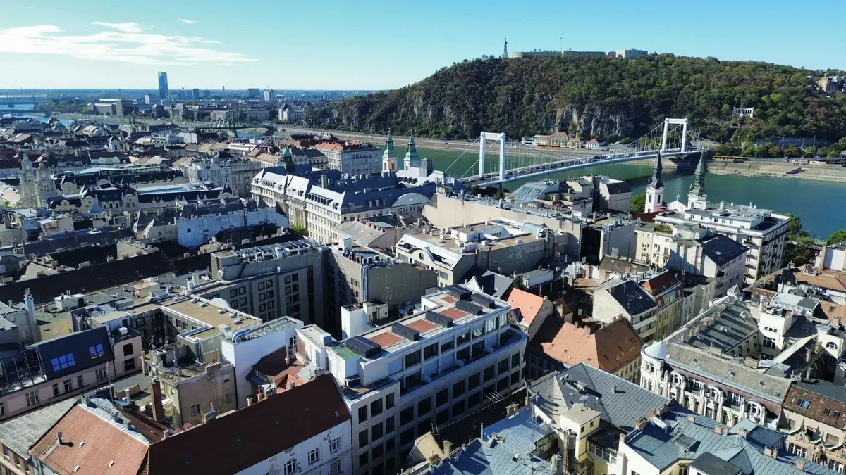 La Collina Gellért con la Statua della Libertà e il ponte Elisabetta sul Danubio, vista dall'alto