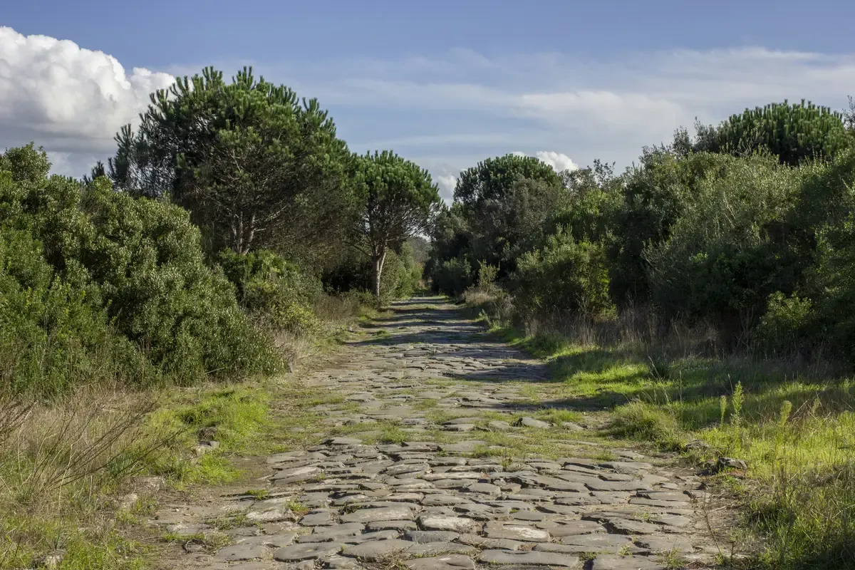 Un'antica strada romana lastricata tra la macchia mediterranea