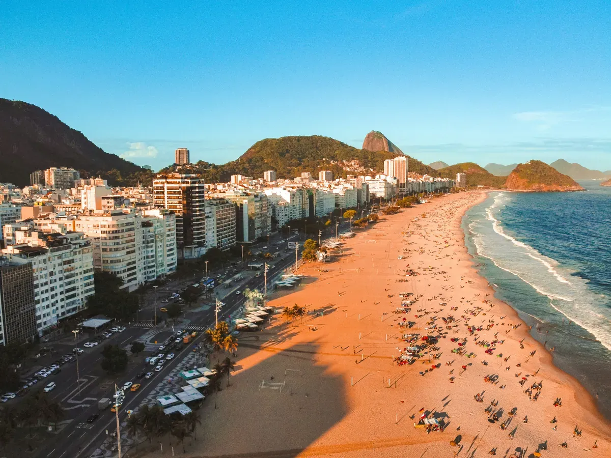 La spiaggia di Copacabana vista dall’alto con il calçadão e i palazzi sul lungomare