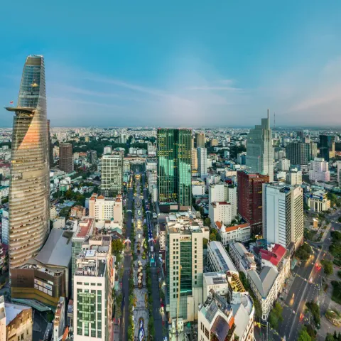 Il centro di Ho Chi Minh dall'alto, con la Bitexco Financial Tower