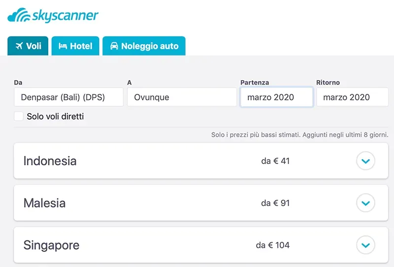 I risultati della ricerca da Bali verso Ovunque