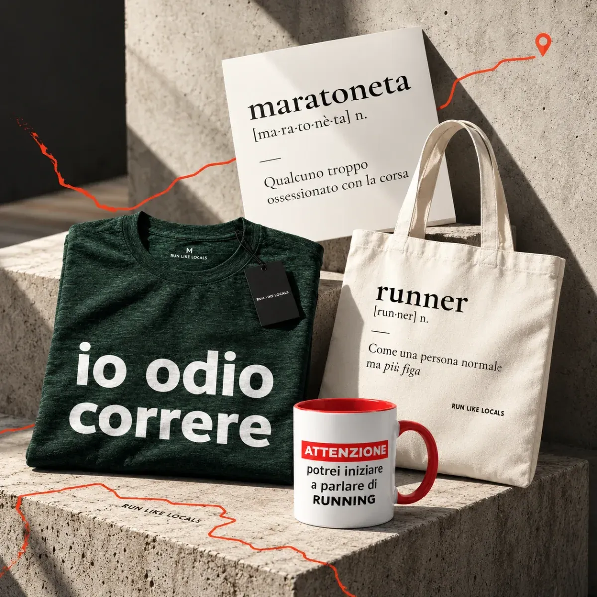 La maglietta «io odio correre», la tazza, la shopper «runner» e il poster «maratoneta» dello shop di Run Like Locals