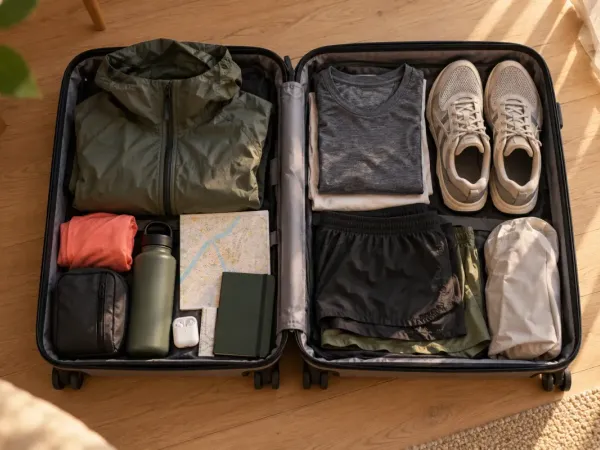 Una valigia aperta con scarpe e abbigliamento da corsa pronti per il viaggio