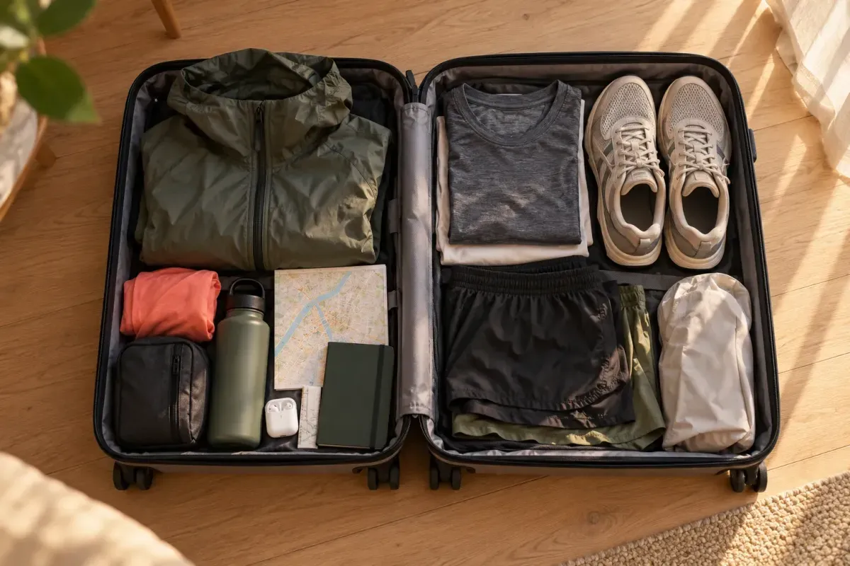 Una valigia aperta con scarpe e abbigliamento da corsa pronti per il viaggio